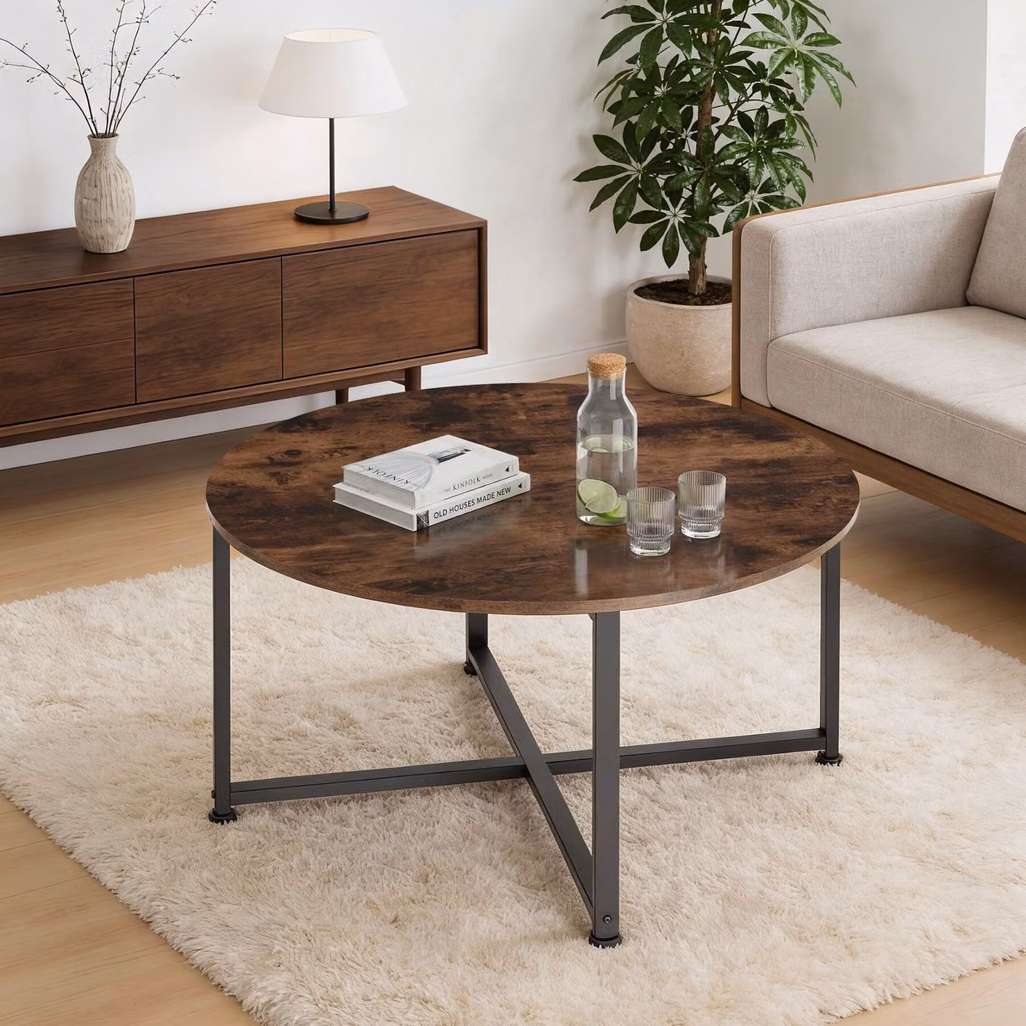 Tavolino da salotto rotondo Tectake in stile industriale con finitura opaca marrone e nero, L/P/H: 88,5 x 47 x 150 cm – 3
