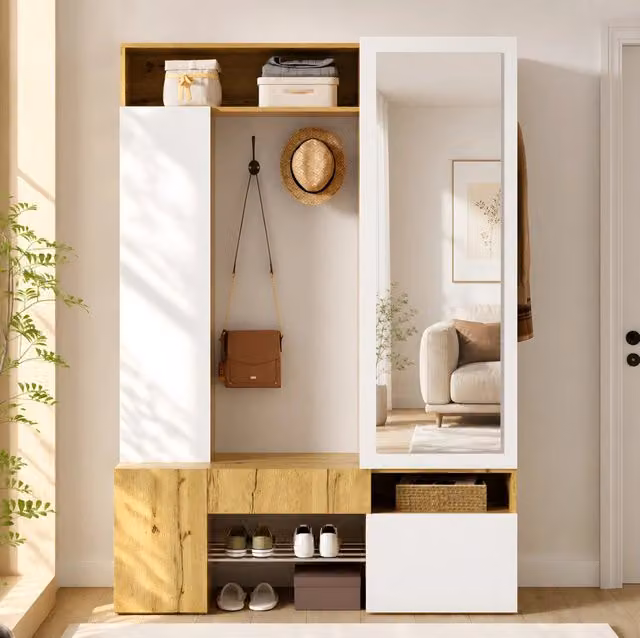 Garderobiera ingresso con specchio; scarpiera e appendiabiti in MDF 127x35x180;5 cm; bianco/naturale