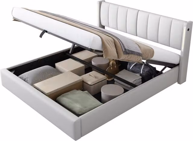 Letto matrimoniale 160x200 cm con contenitore; testiera regolabile; LED e USB-C in PU bianco