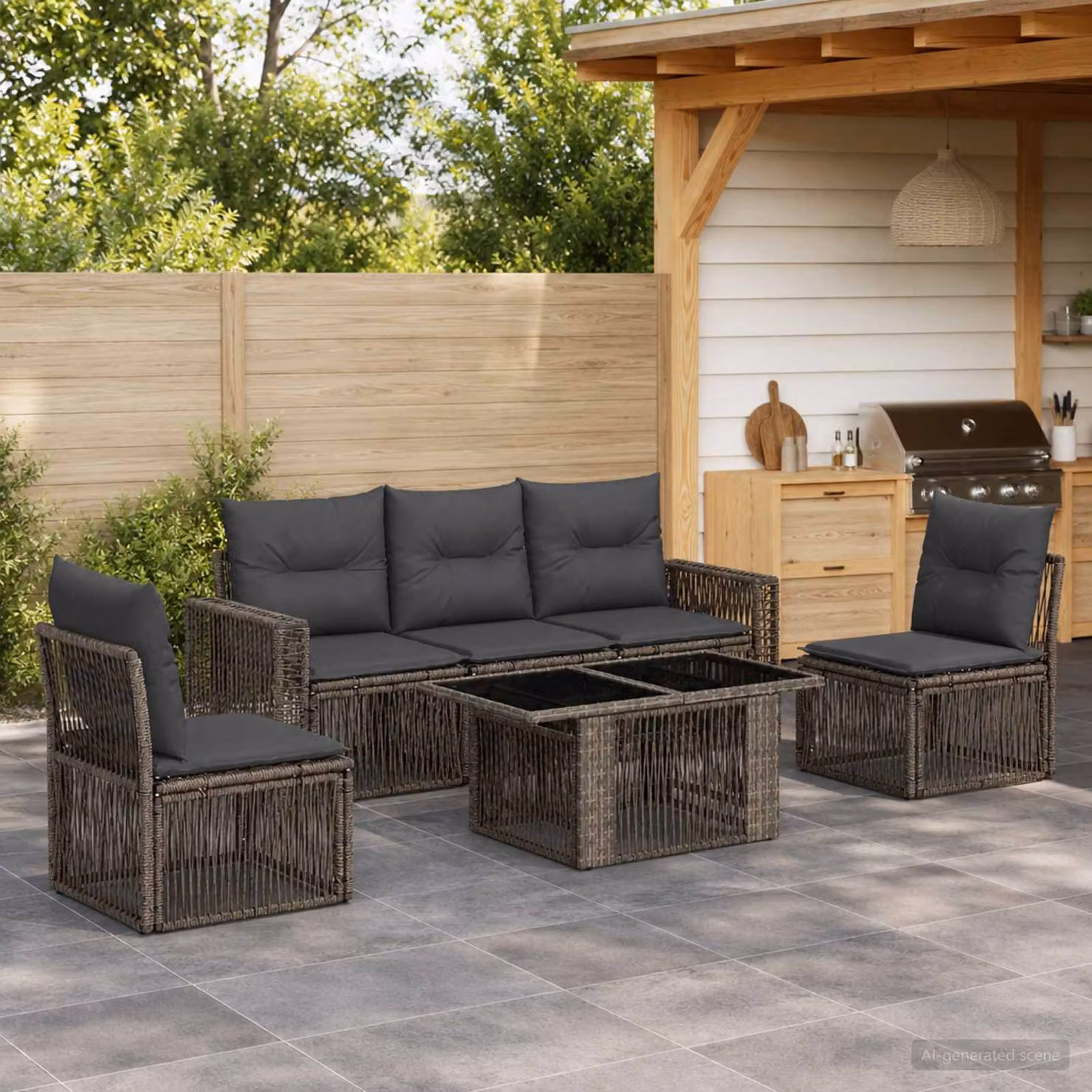 Set Divano da Giardino vidaXL in Polyrattan Grigio e Antracite con Tavolino e Cuscini Imbottiti