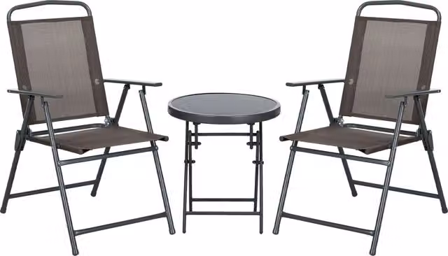 Set da Giardino Outsunny 3 Pezzi in Metallo Marrone con Tavolino in Vetro e 2 Sedie, Dimensioni Sedie: 53.5 x 64 x 93 cm, Tavolino: Ø 45 x 50 cm