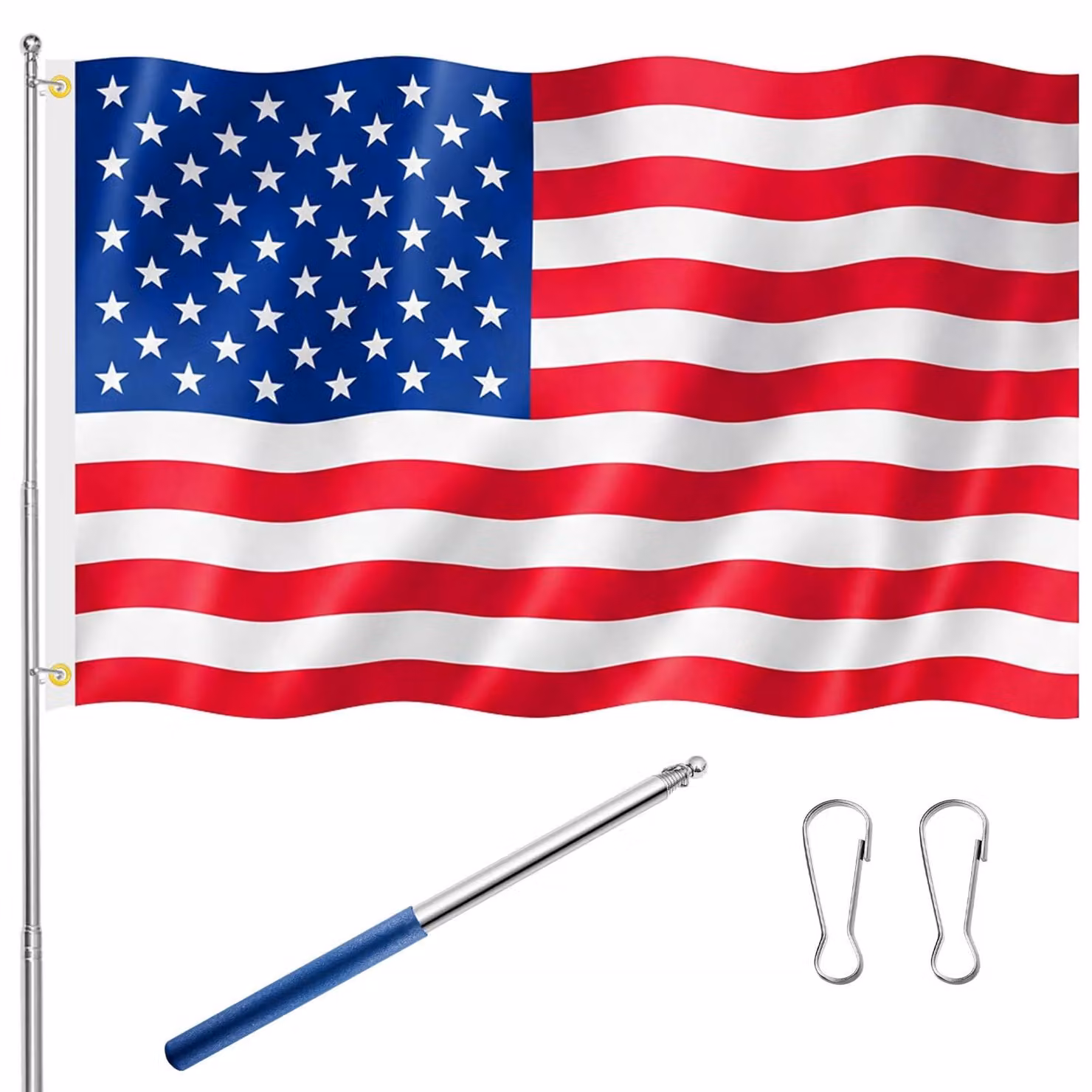 Set di bandiere americane con asta telescopica, dimensioni 150x90 cm