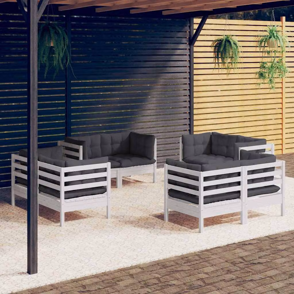 Set di divani da giardino a L vidaXL in legno di pino con 8 pezzi e cuscini antracite e bianchi