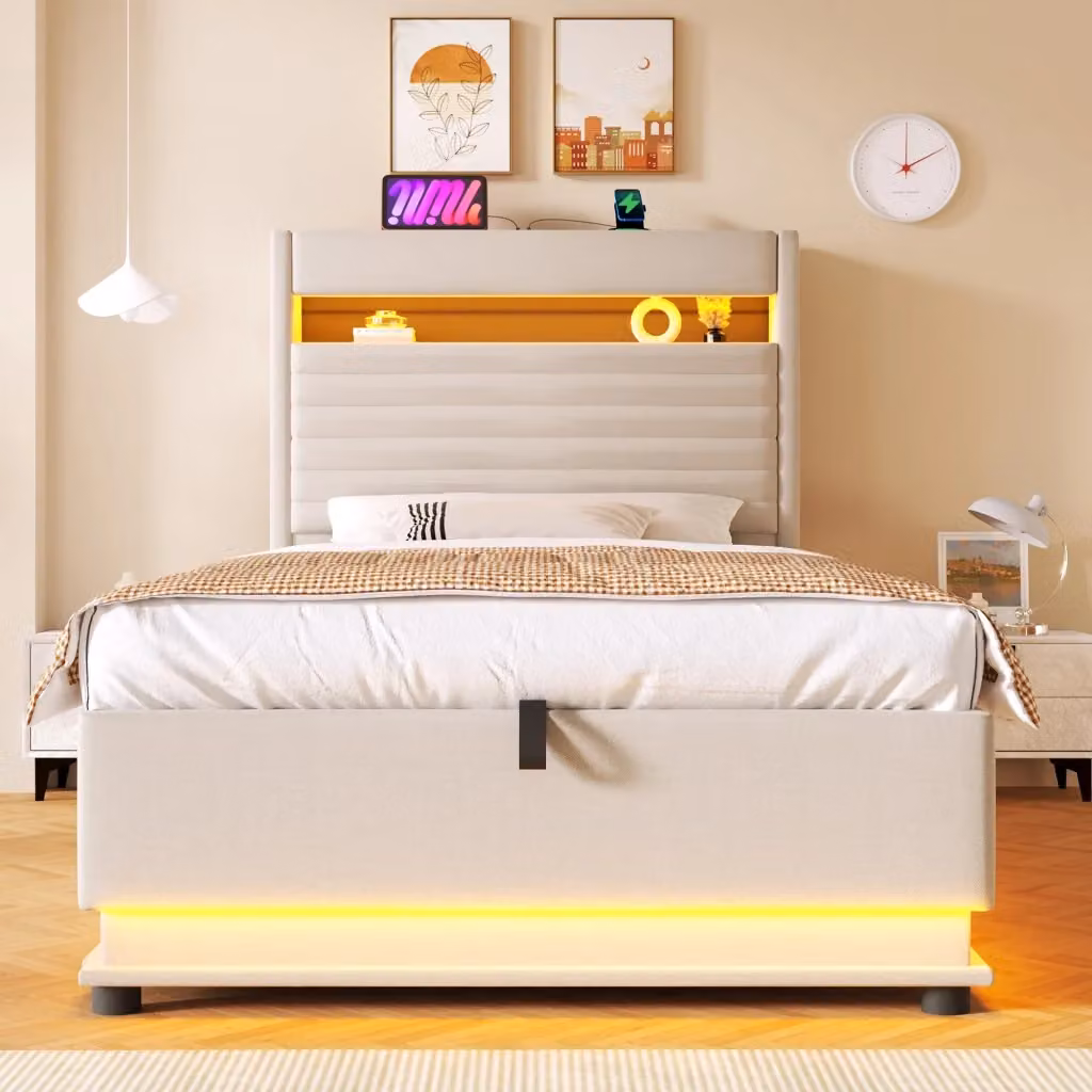 Letto contenitore matrimoniale Chicfurn beige con illuminazione LED, porte USB e Type-C e testiera imbottita, L/P/H: 90 x 200 x 113 cm – 2