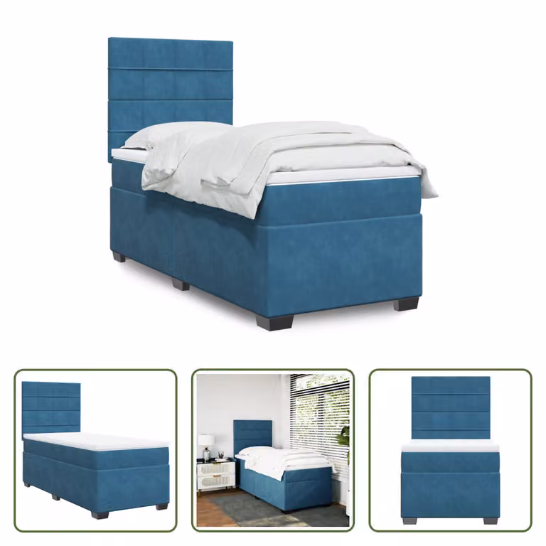 The Living Store Letto a molle con materasso blu 100x200 cm in velluto