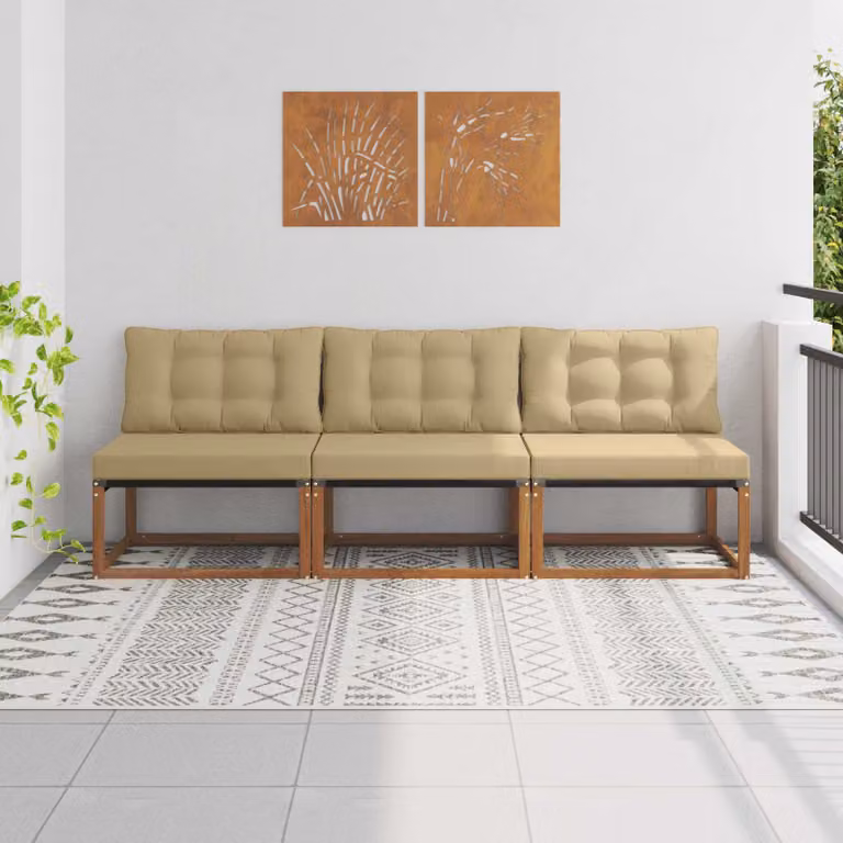 Set di 3 divani centrali da esterno vidaXL in legno di acacia massello con cuscini in tessuto textilene beige e marrone