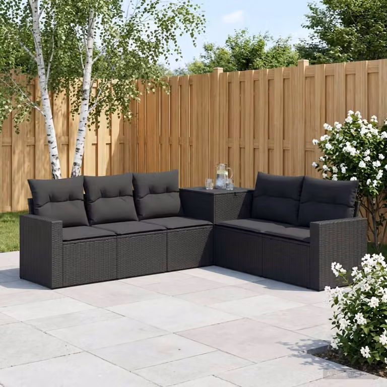 Set di divani da giardino vidaXL a forma di L con 7 pezzi, colore nero, in rattan sintetico e acciaio verniciato a polvere, con cuscini inclusi