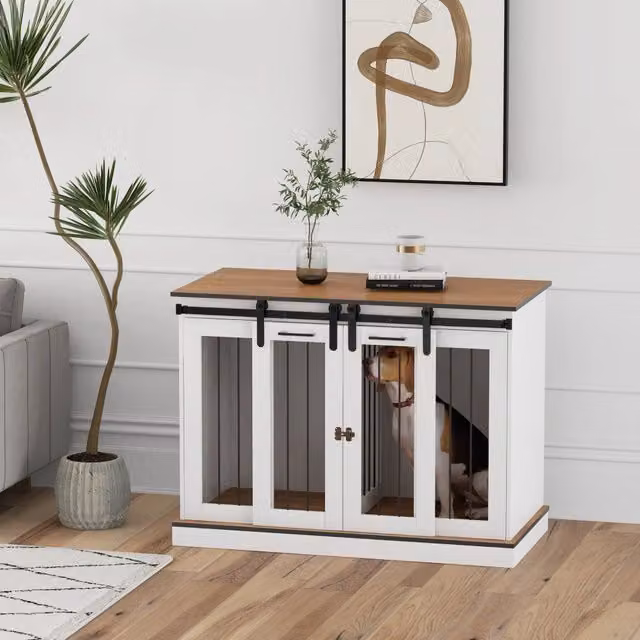 Gabbia per cani OKWISH in legno bianco con divisorio rimovibile e doppie porte ventilate L: 120 cm, P: 60 cm, H: 88,5 cm