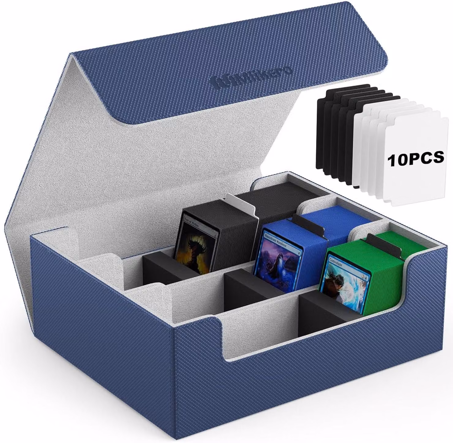 Contenitore per carte da collezione, dimensioni 30 x 25 x 11 cm, capacità per oltre 1800 carte, con 10 scomparti, colore blu