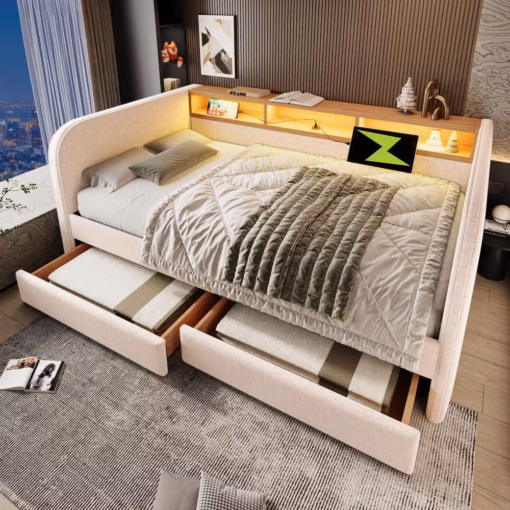 Divano letto 90x200 cm in velluto color grigio scuro, con vano contenitore a sistema idraulico, schienale illuminato a LED, ripiano portaoggetti, presa di corrente, porte USB e di tipo C, e rete a molle