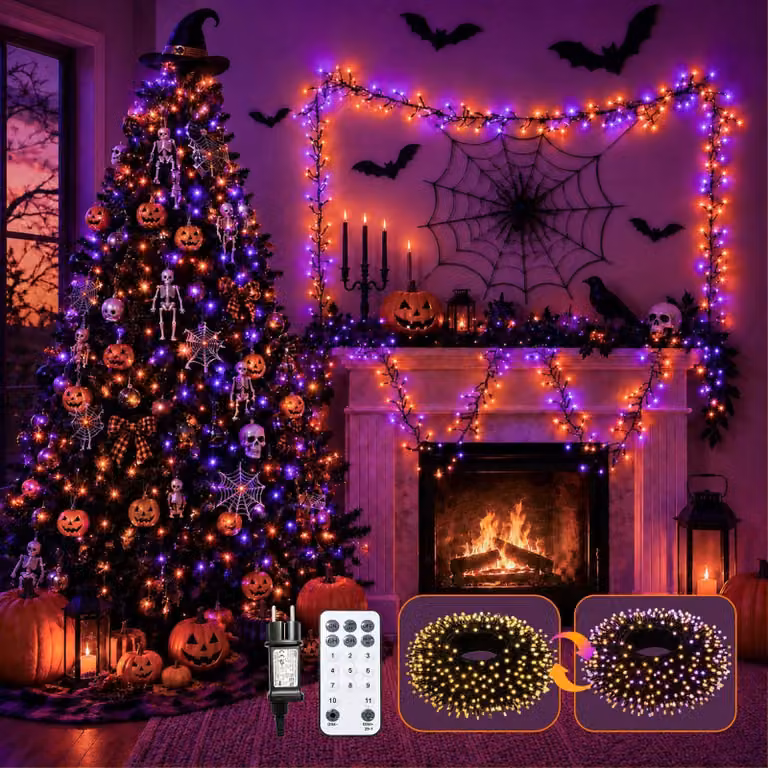 Catena luminosa da 15 metri, con 1000 LED, color arancione, grado di protezione IP65, adatta per uso esterno