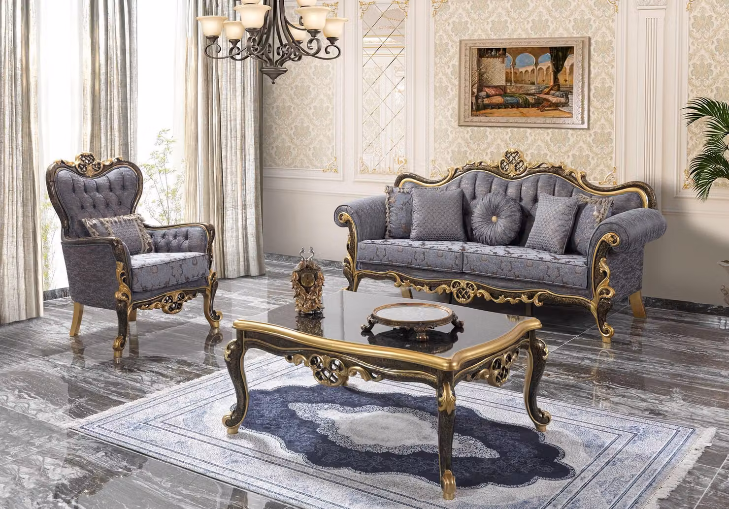Chesterfield Sofagarnitur Polstersofa Sofa Blau Dreisitzer Sessel Set