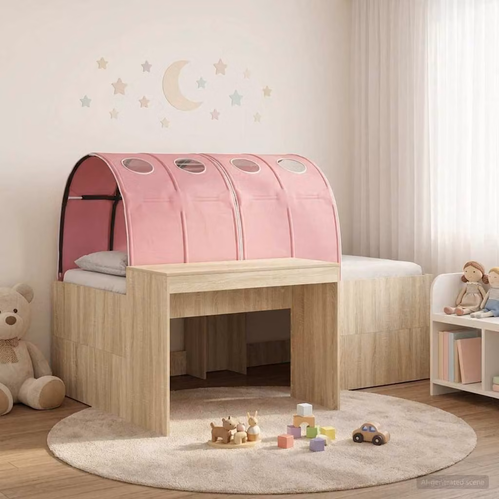 Letto per bambini con tunnel vidaXL in legno ingegnerizzato, Rovere e Rosa, L/P/H: 200 x 140 x 142 cm