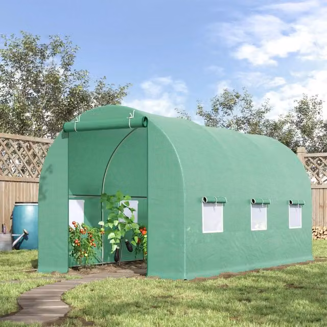 Serra a tunnel WISHDOR con finestre e struttura in acciaio, verde e trasparente, L/P/H: 445 x 190 x 200 cm – 1