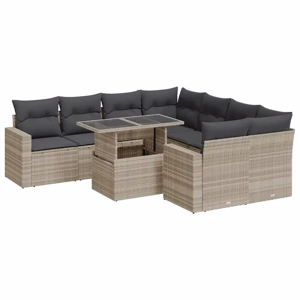 Set Divano da Giardino a L vidaXL 9 Pezzi con Cuscini Grigio Chiaro e Tavolino in Vetro – 2