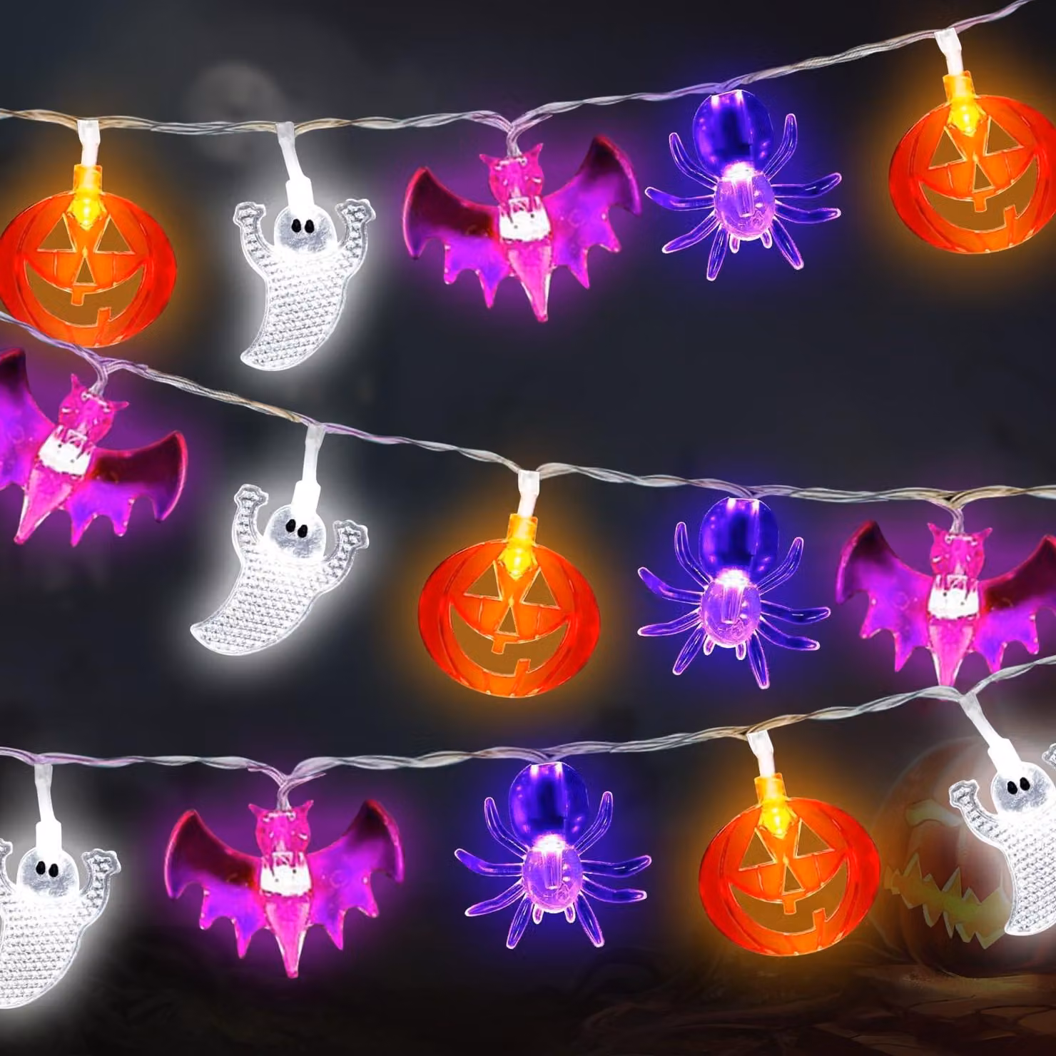 Catena luminosa a LED per Halloween, 7 metri, 40 LED, con decorazioni a forma di zucca, pipistrello, fantasma e ragno