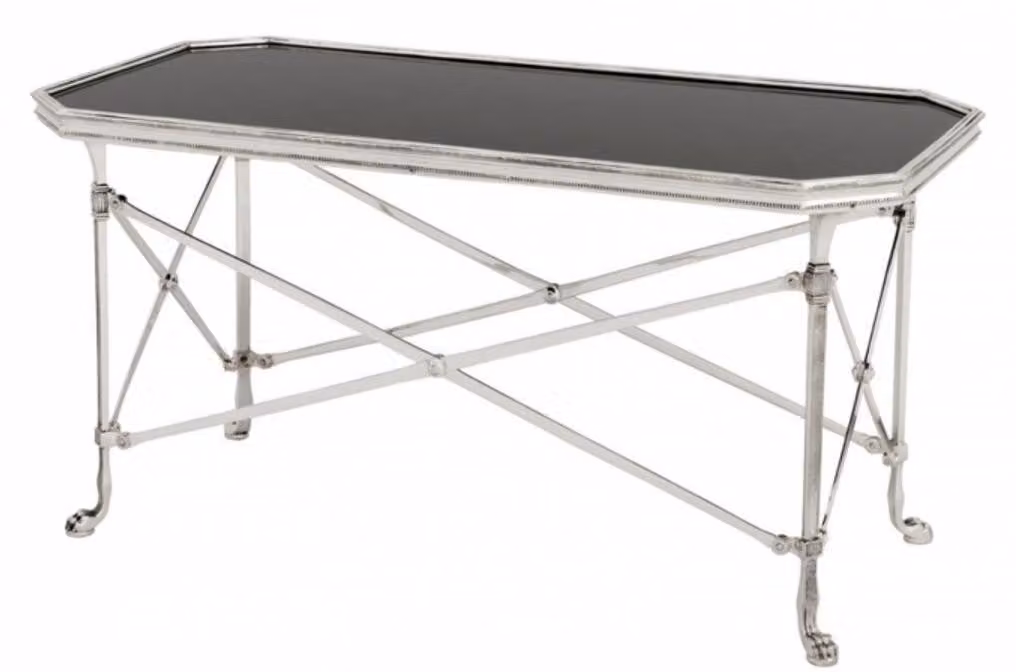 Tavolino da caffè in stile Art Déco "Casa Padrino" - Argento anticato / Vetro nero - 90 x 47 x altezza 45 cm