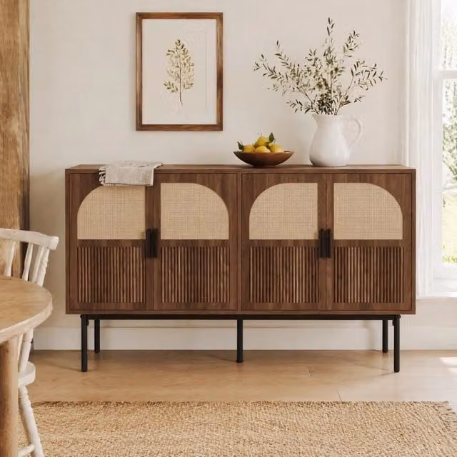 Credenza a 4 ante in MDF con effetto noce e rattan naturale per soggiorno o ingresso, L 140 x P 40 x H 80 cm – 1