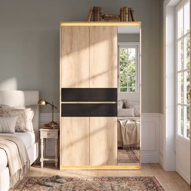 Armadio 90 x 47 x 200 cm; specchio; illuminazione LED; 2 aste appendiabiti; 4 cassetti; 9 scomparti; antracite/rovere