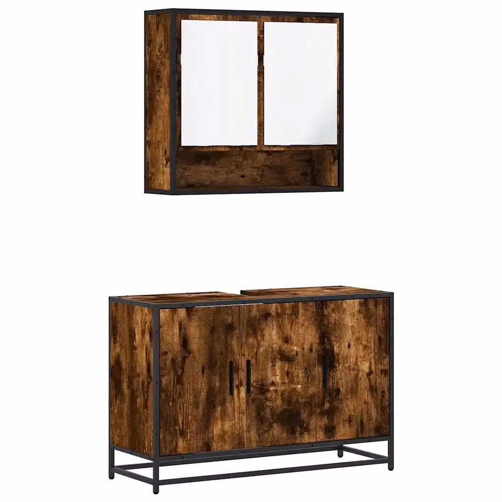 Set Mobili da Bagno Industrial vidaXL in Legno e Metallo Marrone, composto da Mobile Lavabo e Armadietto con Specchio, L/P/H: 90 x 33 x 60 cm – 2