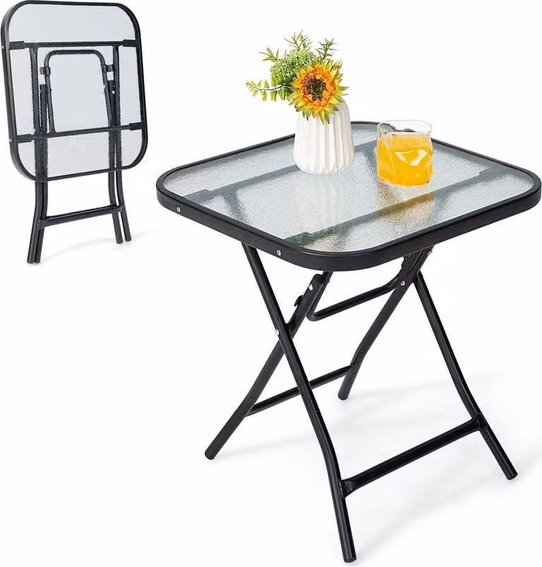 KOMFOTTEU Tavolo da giardino quadrato, tavolino pieghevole, tavolo da bistrot con piano in vetro e struttura in metallo, tavolino, 46,5 x 46,5 x 47,5 cm