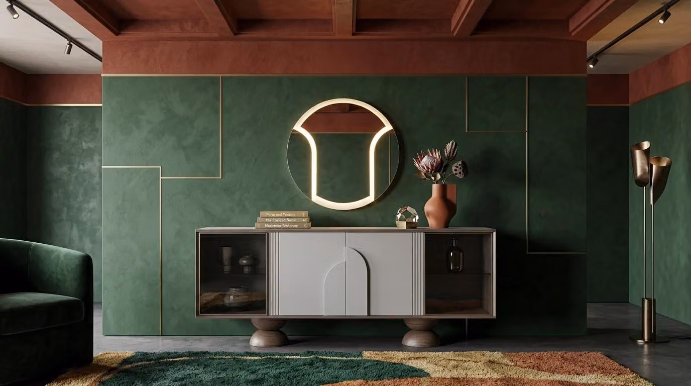 Mobile bar moderno, bianco, in legno e vetro, con specchio e design rotondo