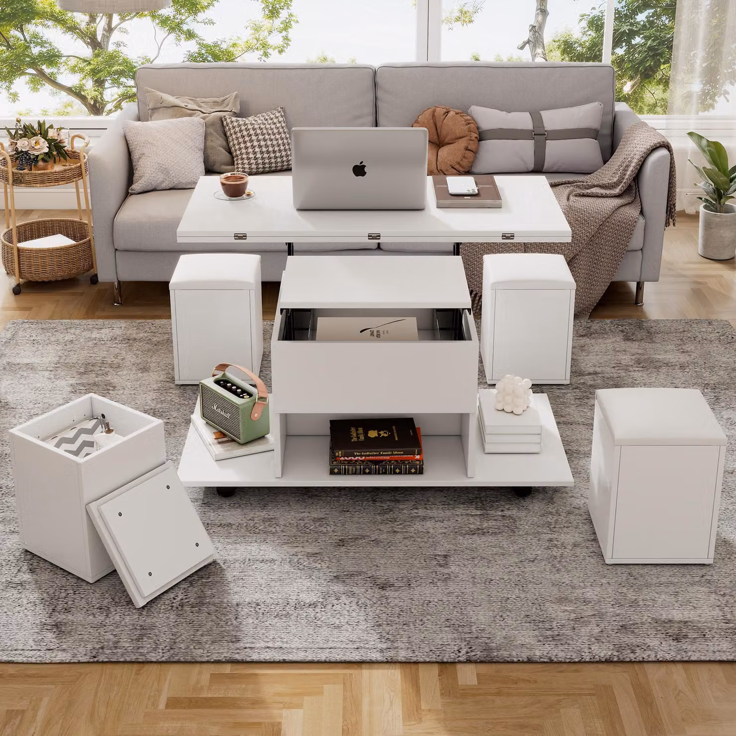 Sweiko Tavolino multifunzionale sollevabile - la scrivania può aprire 2 tavoli, bianco + bianco, grande capacità, mobili moderni per il soggiorno, ufficio, tavolo da pranzo, tavolo per il tempo libero, tavolo multifunzionale