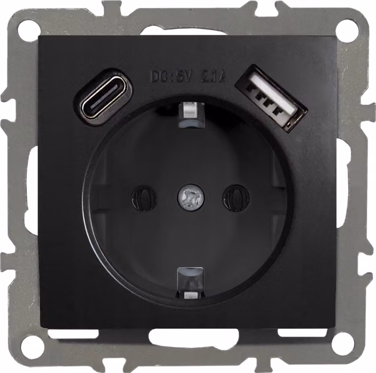 Prese di corrente Schuko 230V con USB-C + USB-A, serie QUADRA, colore nero