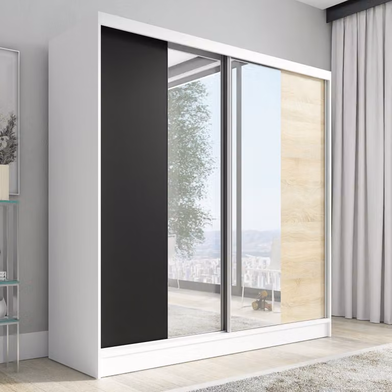 Armadio ad ante scorrevoli, armadio a 2 ante con specchio DUO 200 (bianco, nero, Somona)