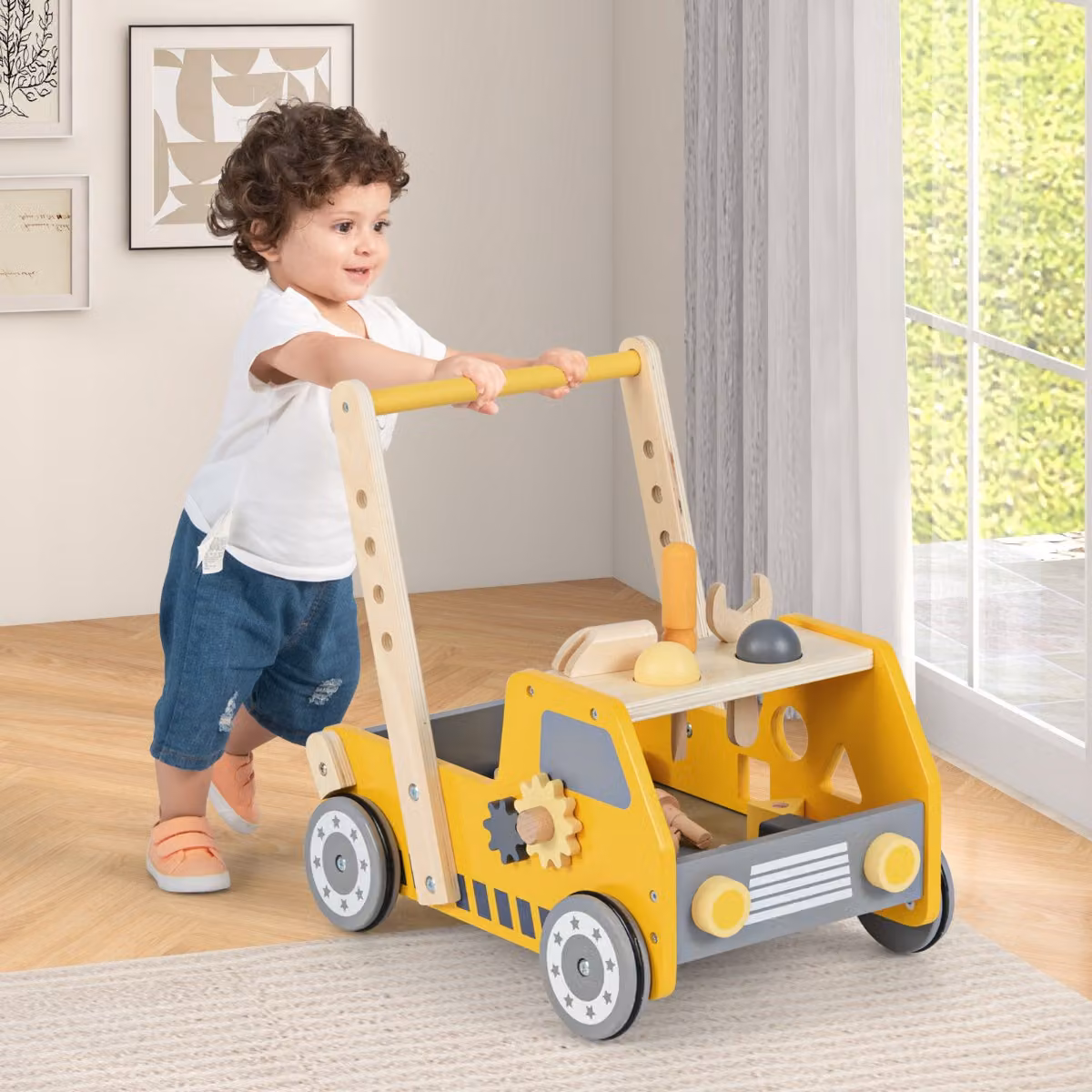 Costway Girello 2-in-1 per bambini con attrezzi da lavoro in legno e spazio di stoccaggio, Giallo