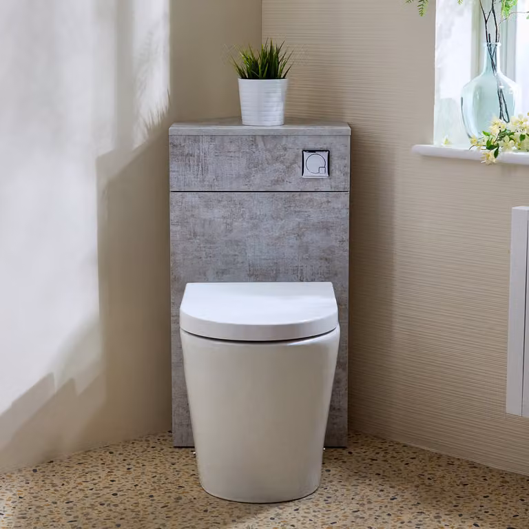 Unità WC Angolare per WC in Grigio Cemento con Sanitario Alswear - con Pulsante di Scarico Cromato - Cluo