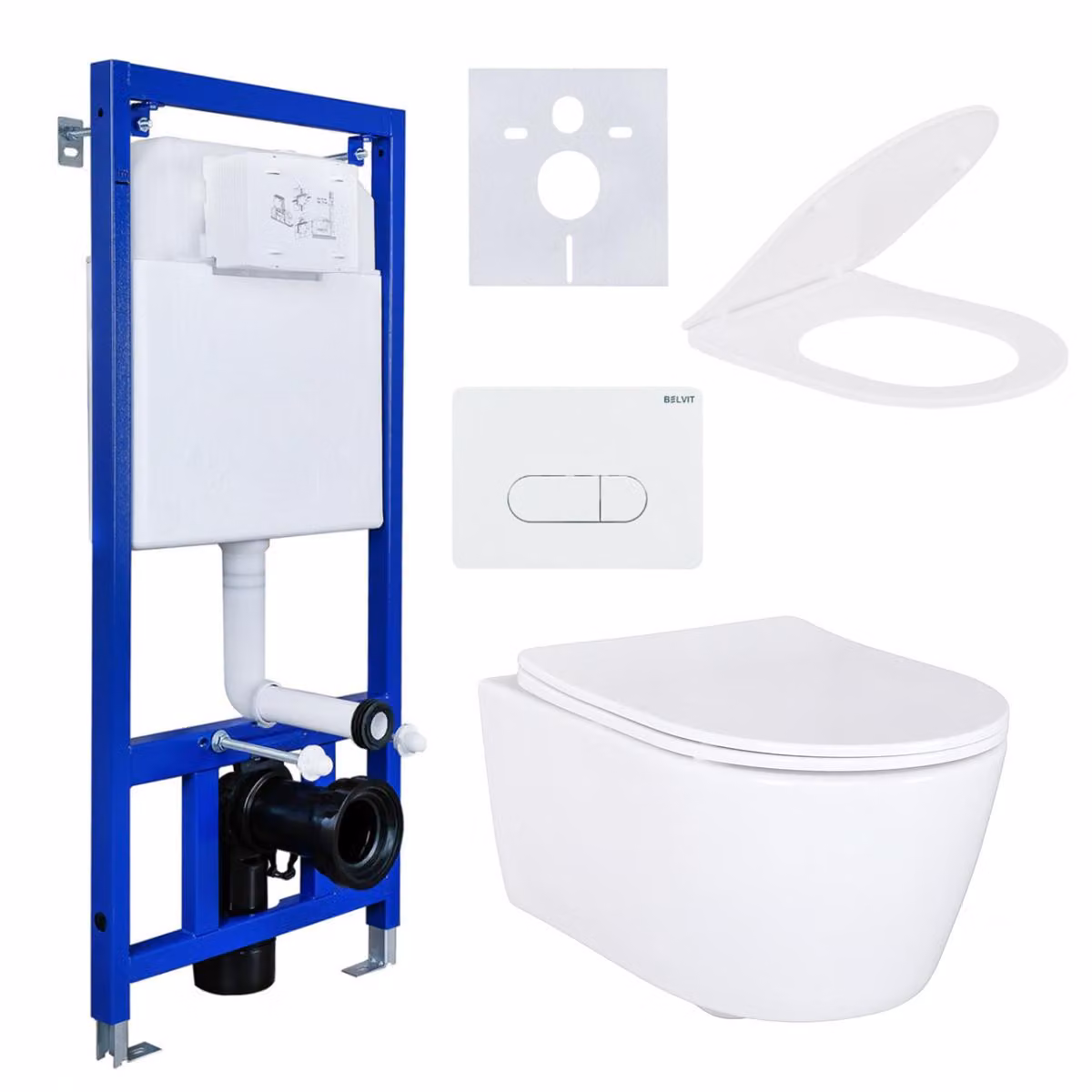 Set completo per WC sospeso con elemento pre-murale e cassetta da incasso, sedile Softclose per WC sospeso senza bordo, piastra di risciacquo e tappetino fonoassorbente e materiale di installazione