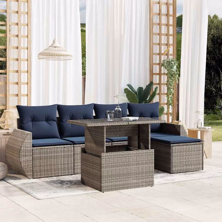 Set di divani da giardino vidaXL in polyrattan grigio con 6 pezzi, inclusi cuscini e tavolino da esterno