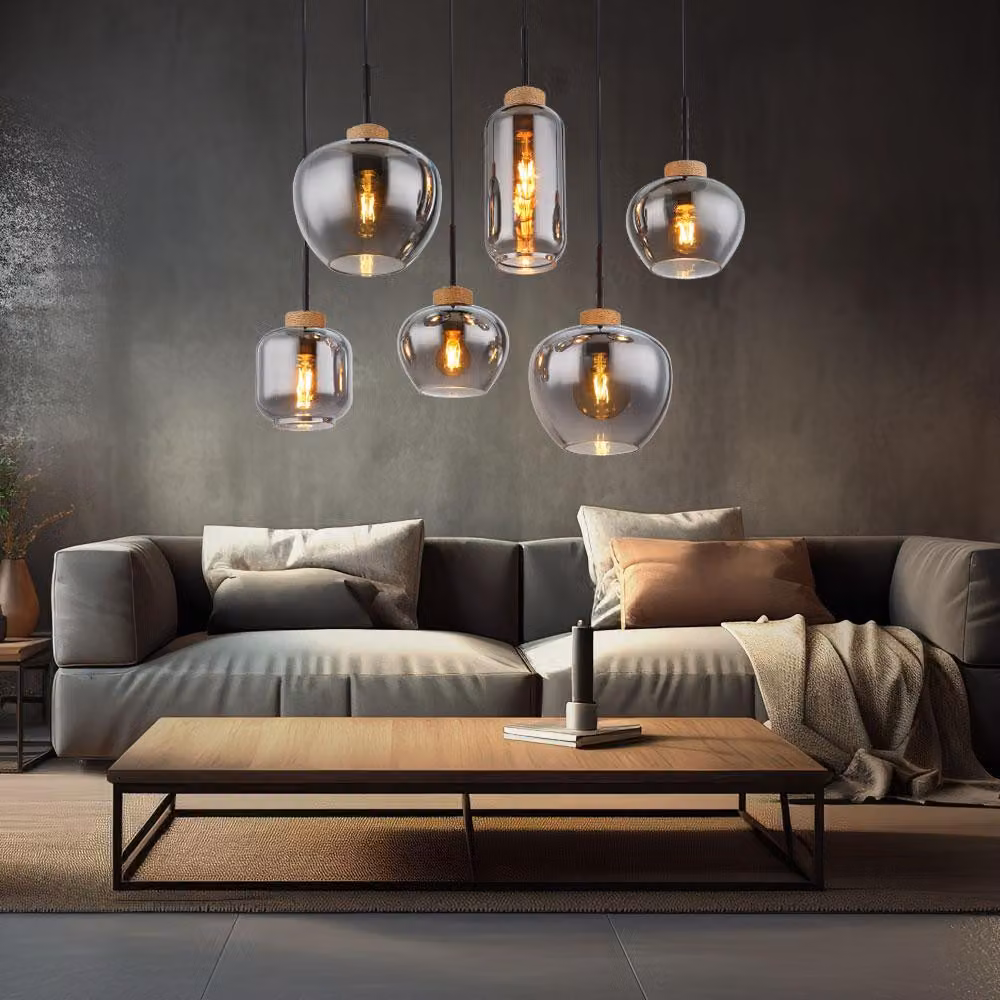 Lampada a sospensione, metallo, finitura nera opaca, vetro color fumo, lunghezza 80 cm