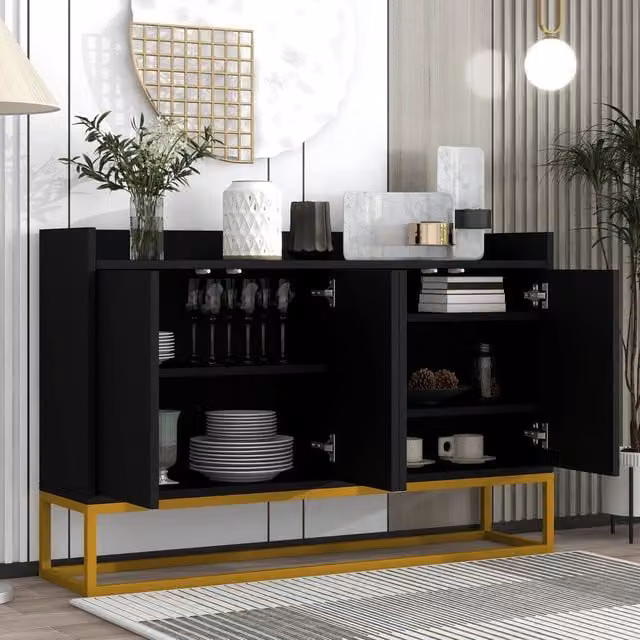 Credenza e madia OKWISH moderna con 4 ante e 2 ripiani, apertura a pressione, colore nero opaco, L 120 x P 30 x H 80 cm
