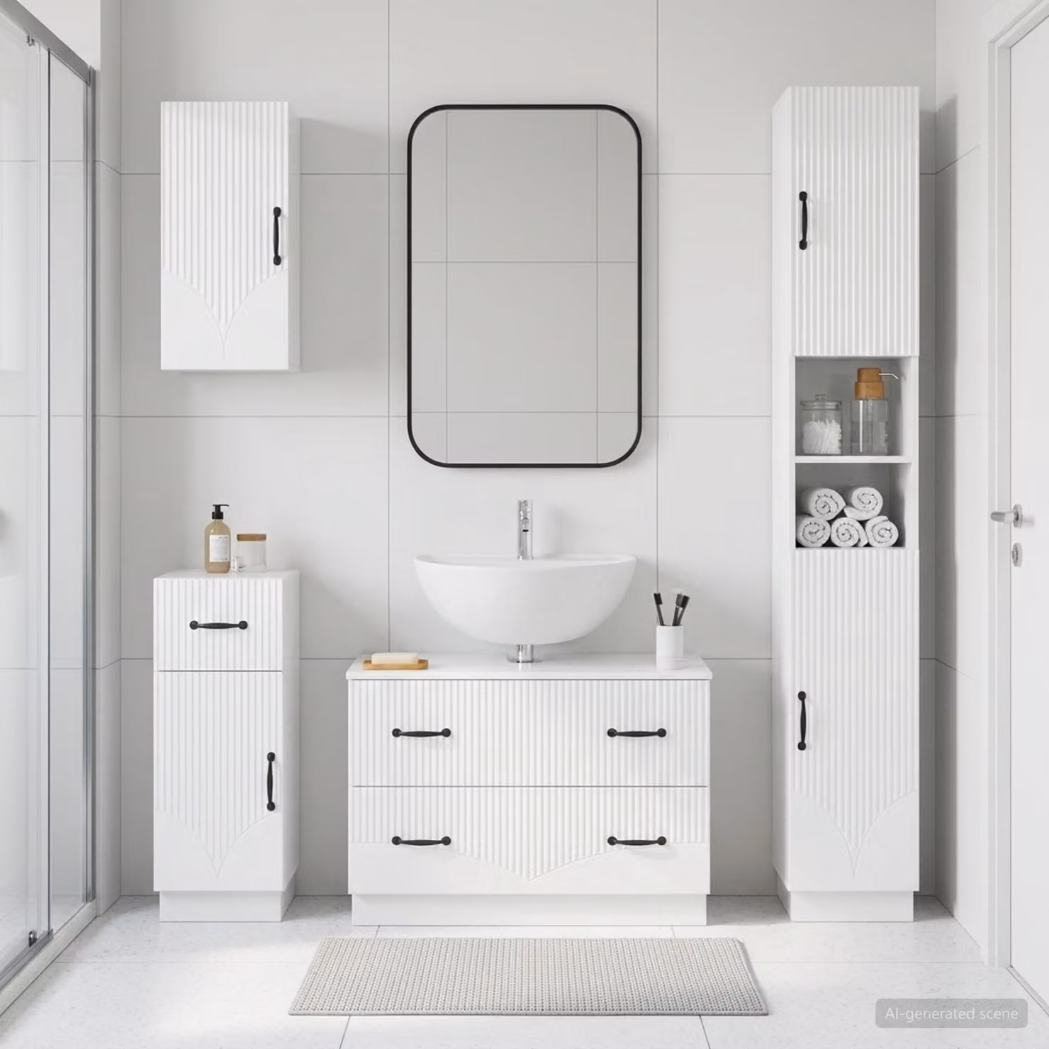 Set di mobili da bagno moderno vidaXL HOORN in 4 pezzi bianco lucido con mobile sottolavabo e pensile a muro