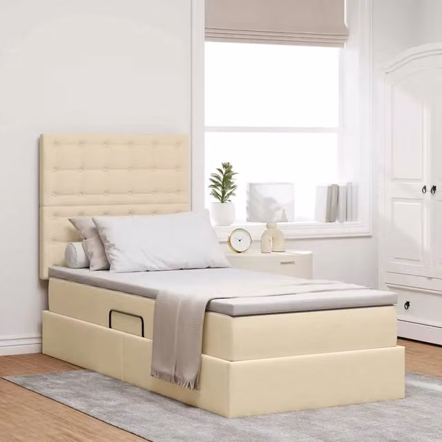 Letto con contenitore vidaXL in tessuto beige con illuminazione LED e porte USB, comprensivo di materasso, L/P: 100 x 200 cm