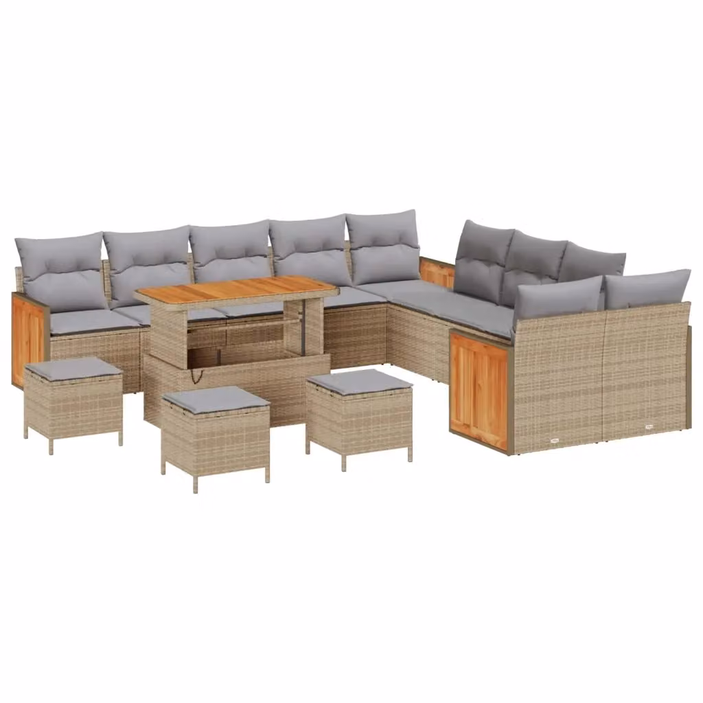 Set Divano da Giardino Moderno vidaXL a Forma a U con 14 Pezzi, Colore Grigio e Beige, in Acciaio Verniciato a Polvere e Legno di Acacia con Cuscini Inclusi – 2