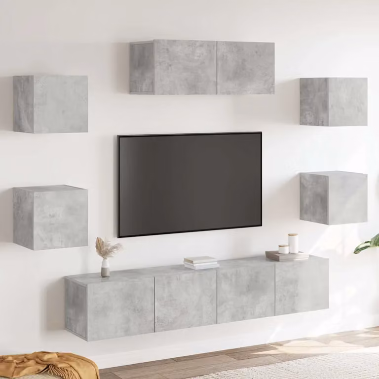 vidaXL Set di Mobili Porta TV Moderno 7 pz Grigio Cemento in Legno Multistrato a Parete