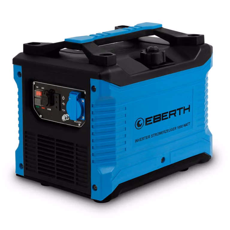 Generatore di corrente inverter EBERTH 1000 watt, generatore di corrente di emergenza con motore a benzina da 2 CV, 4 tempi, generatore di corrente con 1x 230V e 2x connessione USB