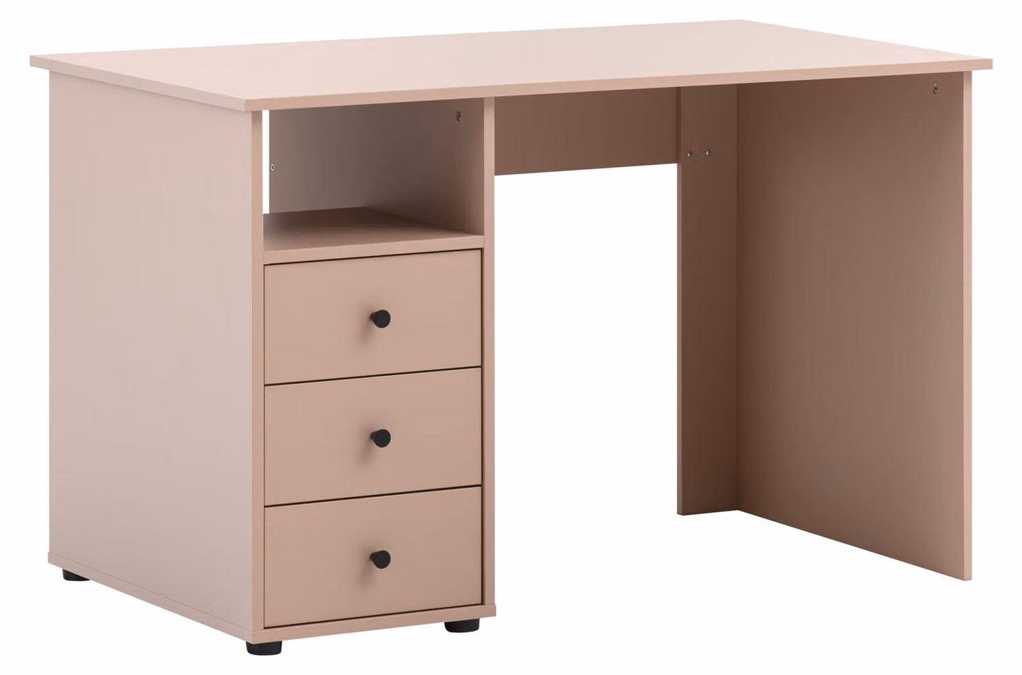 Scrivania, dimensioni 115,8 x 70 x 74 cm, 3 cassetti, vano aperto, colore pesca