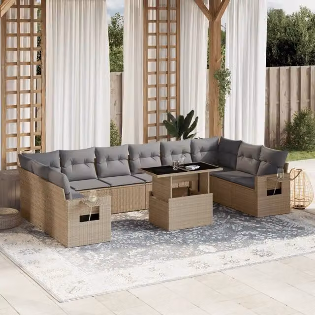 Set da giardino moderno vidaXL composto da 11 pezzi in polyrattan con cuscini beige e grigi e tavolino da esterno – 1