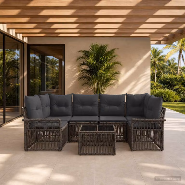Set Divano da Giardino vidaXL 7 Pezzi a Forma di U Grigio con Tavolino e Cuscini in Polyrattan e Acciaio