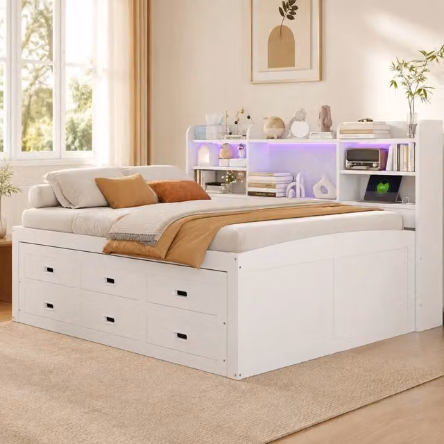Divano letto multifunzione bianco 140x200 cm con LED, 3 cassetti, zona comodino, USB e Type-C, senza materasso