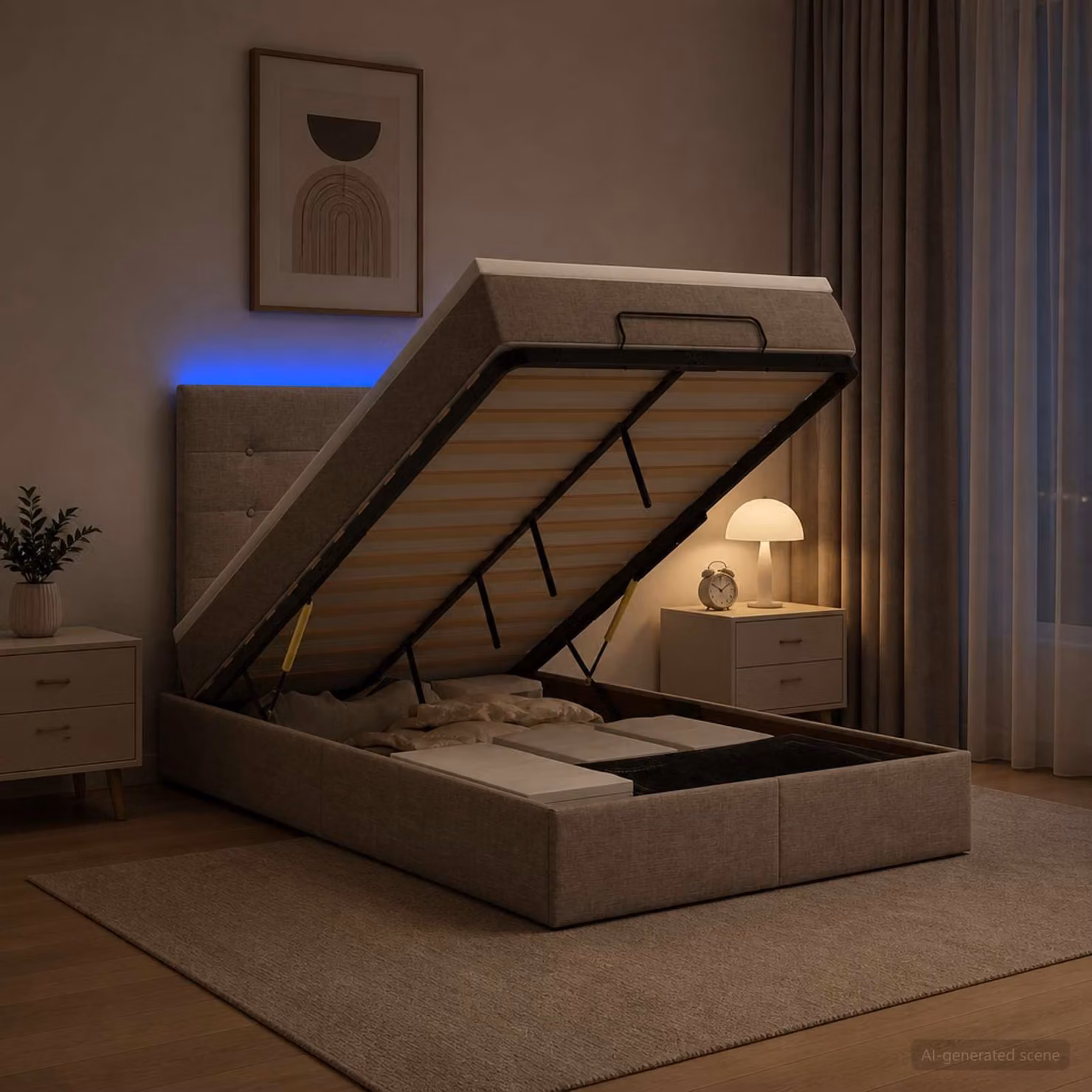 Letto Ottomano vidaXL con Materasso Ibrido e Illuminazione LED Sotto il Letto, Colore Beige e Grigio, L/P/H: 120 x 200 x 88 cm