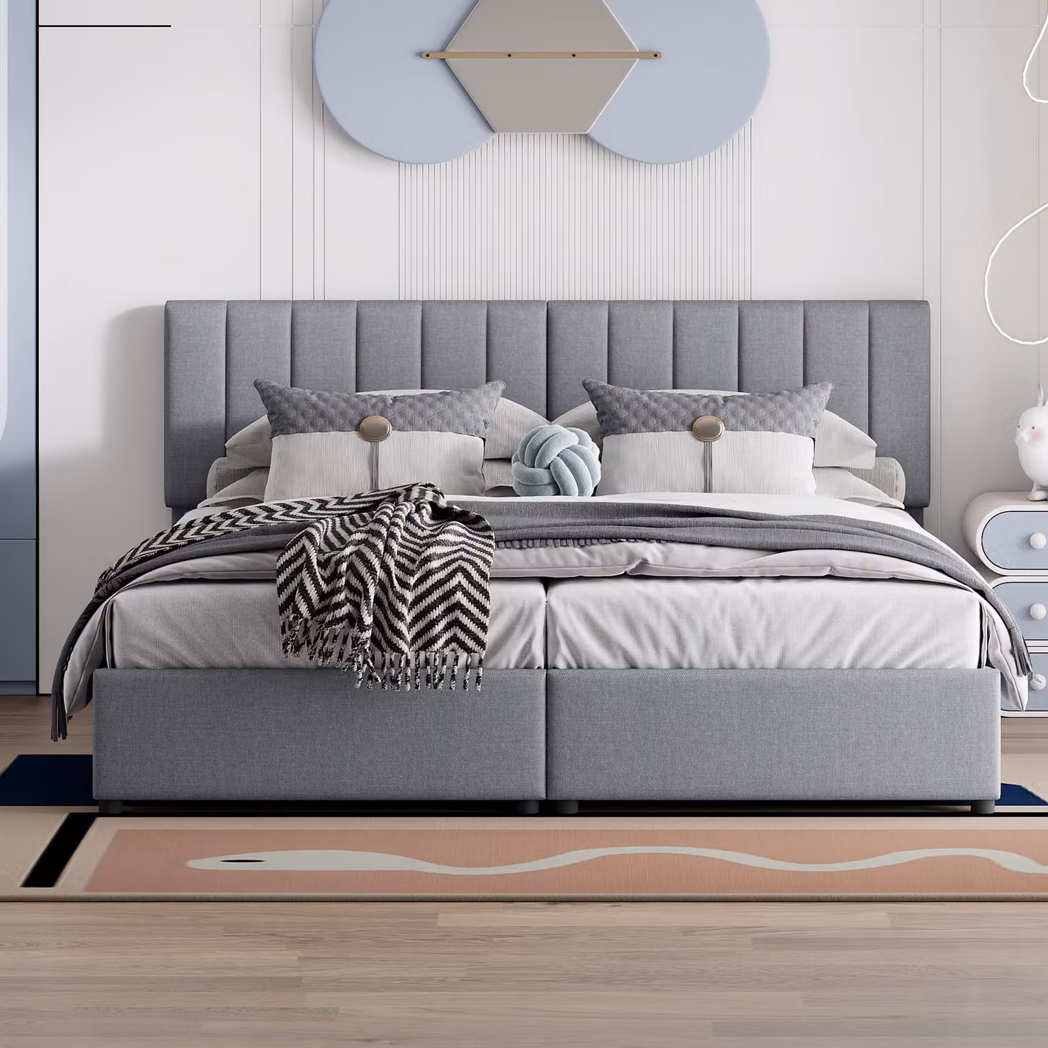 okwish Letto imbottito 180x200 cm con contenitore idraulico, materiale lino Pleasant, Grigio