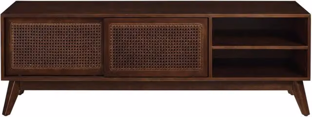 Mobile TV in Rattan Stile Mid-Century 150 cm per TV fino a 65 Pollici con Piedi in Legno Massello e Ante Scorrevoli - Noce Scuro