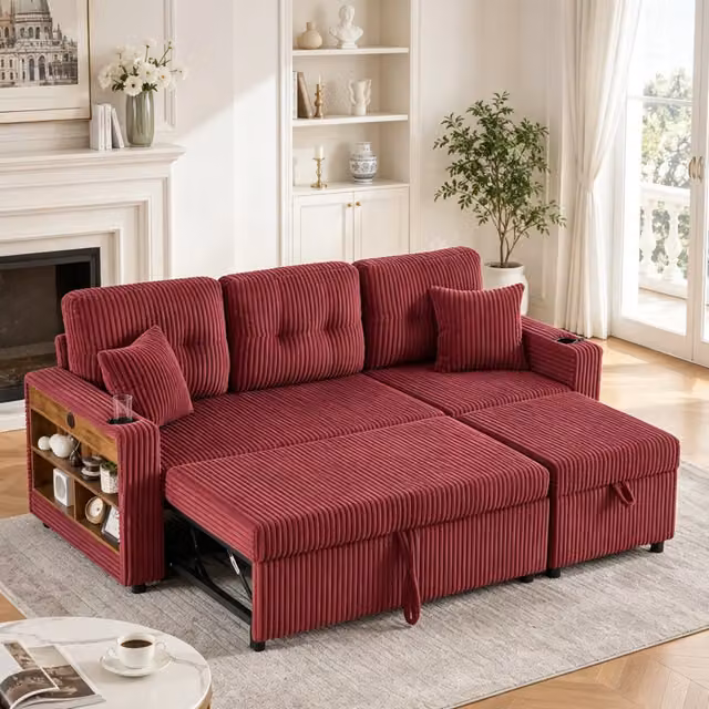 Divano convertibile 196 x 82 - 144 x 85 cm; bagagliaio portaoggetti; USB-C; illuminazione d'atmosfera; portabicchieri; velluto a coste; Vino rosso