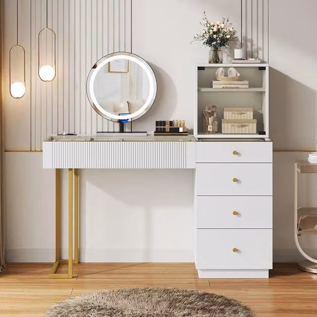 Toeletta con specchio LED - Xylo - L120xP40xH120cm - Bianco - Piano vetro temperato 5 cassetti