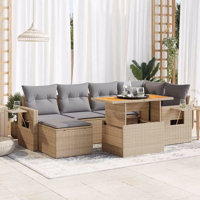 Set di divani da giardino vidaXL in polyrattan e legno di acacia oliato con 7 pezzi e cuscini beige e grigi